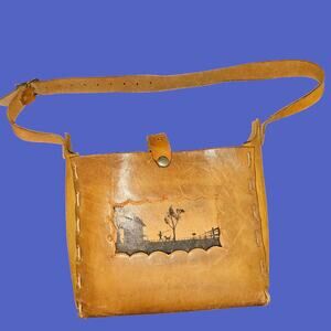 Vintage Tooled Leather Crossbody Bag Folk Art Silhouette Scene